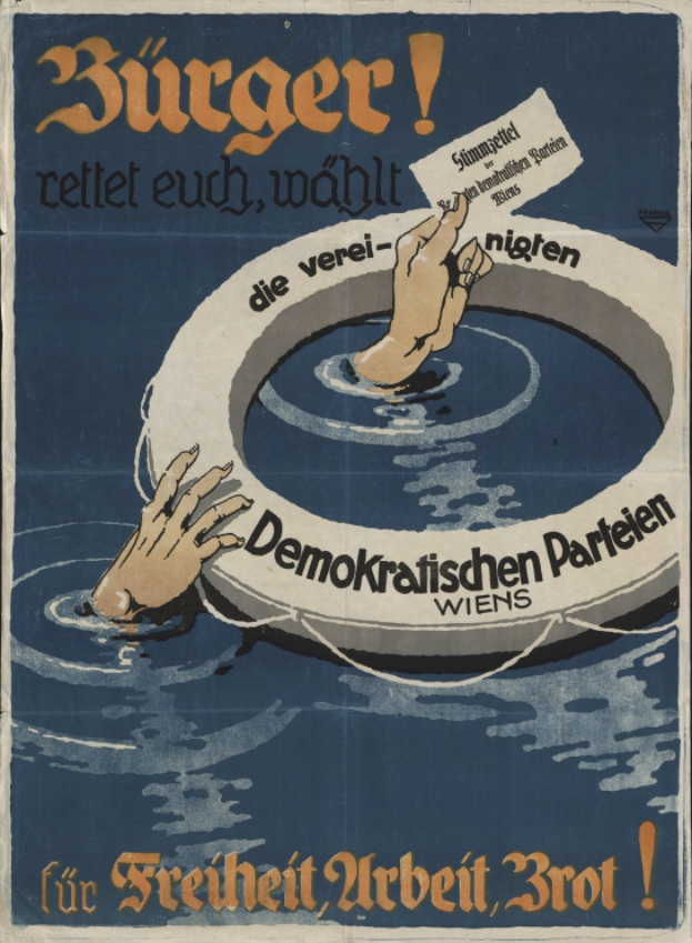 Ein Propagandaplakat mit einer Person, die Hände im Wasser hält und ein Blatt Papier mit Text darauf.