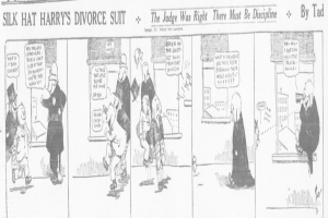 Ein Cartoon von einem Mann in einem schwarzen Anzug und einer Frau in einem eleganten Kleid mit einem schwarzen Schal, beide mit ernsten Gesichtern, die etwas Wichtiges besprechen, mit dem Text "Scheidungsklage" auf dem Bild.