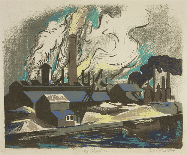 Ein Fabrikgebäude mit Rauch, der aus seinen Schornsteinen aufsteigt, umgeben von Häusern und einem Gewässer, mit dem Text "Die Fabrik" unten.