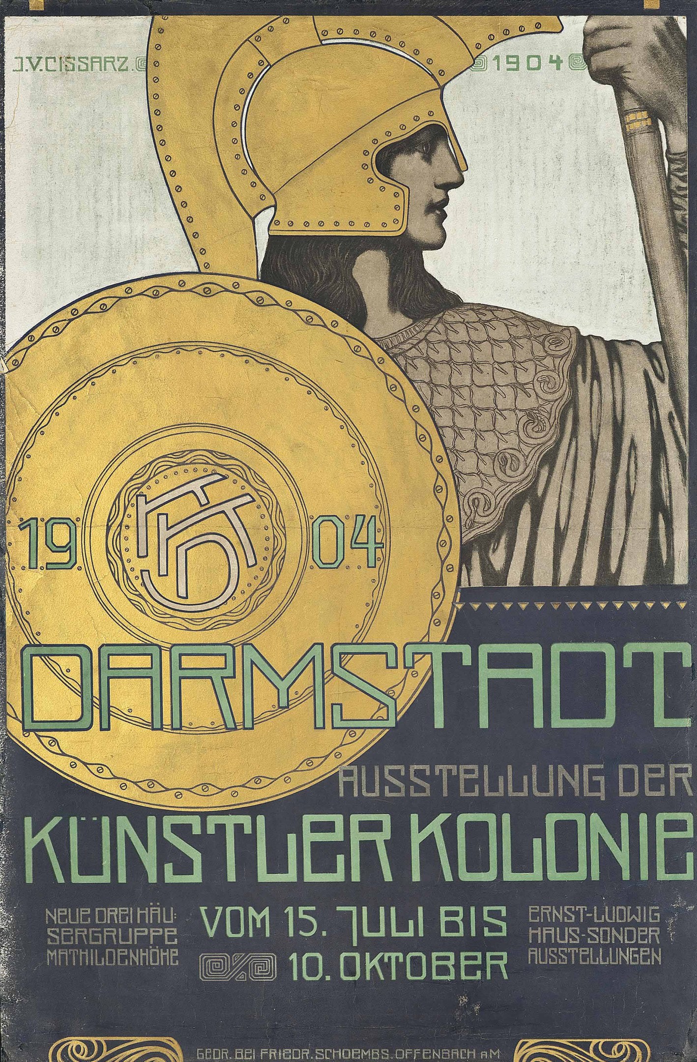 Plakat für ein Berliner Konzert im Jahr 1904 mit einer Helme tragenden Figur, die ein Schild mit 'Darmstadt' und 'Künstler Kolonie' in fetter Schrift hält.