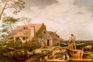 Ein Gemälde mit dem Titel 'Die Farmersfrau' von Jan Brueghel dem Älteren zeigt einen Mann und eine Frau vor einem Reetdachhaus, umgeben von verschiedenen Tieren, einem Wagen, einem hölzernen Zaun, Bäumen und einem bewölkten Himmel.