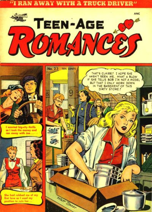 Ein Plakat, das eine Gruppe von Menschen in einer romantischen Umarmung zeigt, mit der Aufschrift "Teen-Age Romances 23-A by DC" in fetter Schrift darüber.