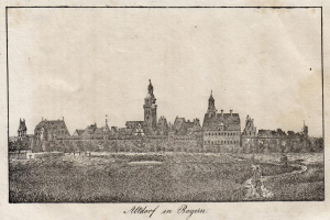 Eine Zeichnung einer Stadt mit einem zentralen Uhrenturm, umgeben von Gebäuden, Bäumen und Gras, mit der Beschriftung "Alterhof in Bayern" unten.