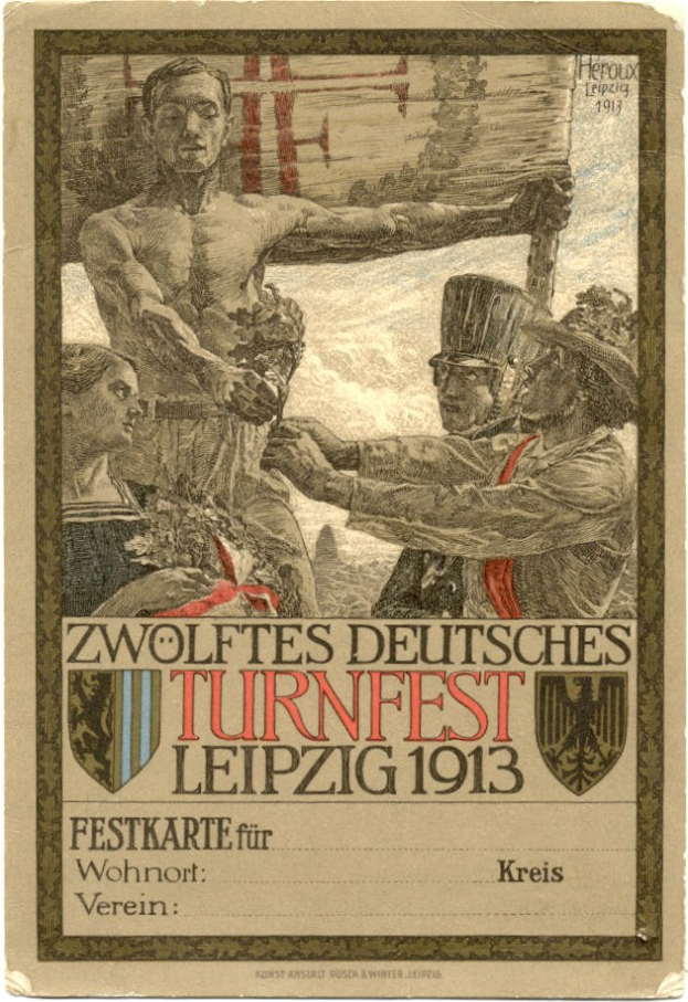 Plakat für das Zwölfte Deutsche Turnfest Leipzig 1913, das eine zentrale Personengruppe und Text über das Ereignis zeigt.