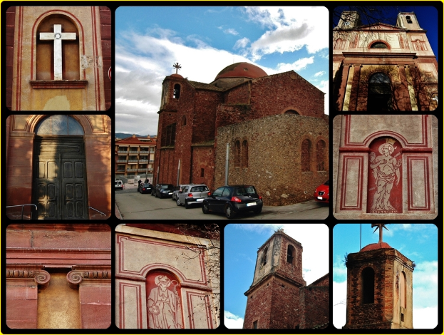 Ein Collage aus neun Bildern mit einem zentralen Gebäude mit parkenden Autos davor, einem Kreuzsymbol oben links, einem anderen Gebäude oben rechts und Gebäuden unten.
