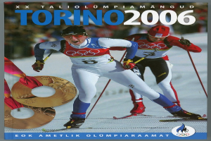 Ein Plakat der Olympischen Spiele 2006 in Turin, Italien, das zwei Skifahrer auf dem Schnee zeigt, mit der Aufschrift "Torino 2006" quer darüber.