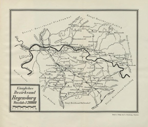 Schwarze und weiße Karte von Regensburg, Deutschland, zeigt Straßen, Gebäude und Sehenswürdigkeiten mit Textanmerkungen.