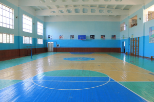 Eine geräumige Turnhalle mit einem blauen und weißen Boden, die einen Basketballplatz, ein Netz, Stangen, eine Tür, Fenster, Wandplakate, ein Geländer und ein Dach zeigt.
