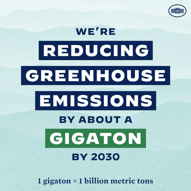 Plakat mit Text und Logo, das "Wir reduzieren die Treibhausgasemissionen um etwa eine Gigatonne bis 2030" besagt und für eine signifikante Reduzierung der Treibhausgasemissionen bis 2030 wirbt.