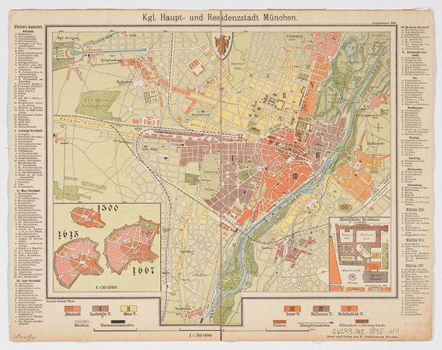 Alte Karte von München, Deutschland aus dem Jahr 1849, zeigt detaillierten Text und nummerierte Orte.