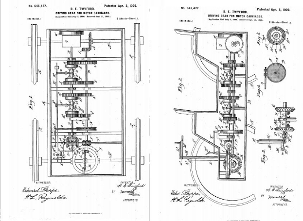 Schwarzes und weißes technisches Zeichnung eines Zahnrad-füllten frühen Automobils patent auf weißem Papier mit handgeschriebenen Textanmerkungen.