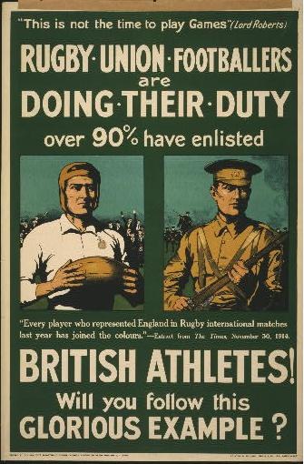 Plakat mit zwei Rugby-Union-Fußballern in militärischer Kleidung, mit Text, der über 90% der britischen Athleten beschreibt, die wahrscheinlich ihre Rollen und Dienstleistungen beschreiben.