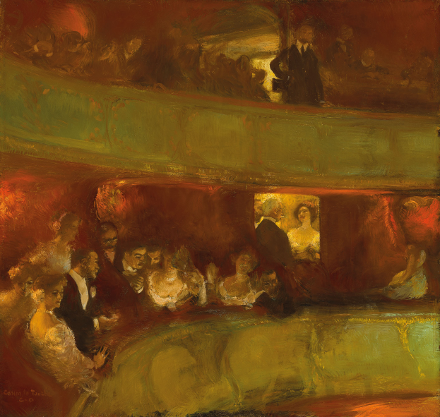 Ein Gemälde einer vielfältigen Gruppe von Menschen in einem hell erleuchteten Theater, einige stehen, einige sitzen, alle in eleganter Kleidung, die eine lebendige und einladende Atmosphäre schaffen.