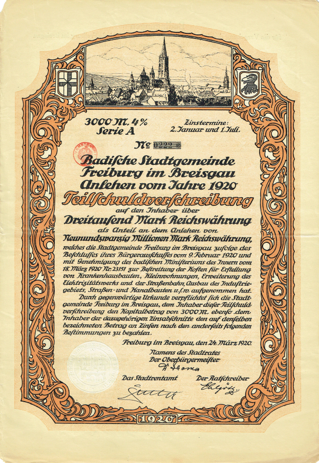 Ein altes deutsches Aktienzertifikat mit einer Stadtansicht und gedrucktem Text über die Herkunft der Aktie.