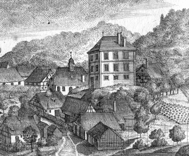 Ein Schwarz-Weiß-Zeichnung einer kleinen Stadt in Bayern im 19. Jahrhundert, das eine zentrale Kirche, umgebende Häuser, Bäume und einen Himmel mit Text am Boden zeigt, der 'Bayern im 19. Jahrhundert' liest.