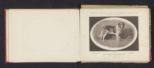Schwarzes und weißes Foto eines Hundes auf dem Cover eines aufgeschlagenen Buches mit dem Titel "Internationale Ausstellung von Jagd- und Luxushunden in Frankfurt a.M." mit sichtbarem Text und Hundebild darin.