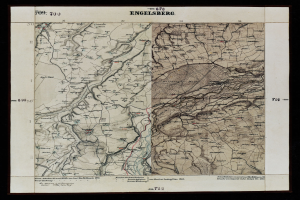 Ein altes topografisches Kartenblatt von Engelsberg, Deutschland, mit schwarzem Rand, das detaillierte Informationen über Straßen, Berge und andere geografische Merkmale sowie beschreibenden Text enthält.