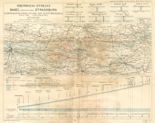 Alte Karte des Basel-Strasburg-Gebiets in Deutschland, die Eisenbahnlinien und Textanmerkungen zeigt.