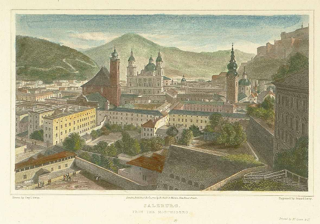 Eine alte Gravur von Salzburg, ├ľsterreich, von oben vom Monchberg aus betrachtet, zeigt die Geb├Ąude, B├Ąume und H├Ąnge mit Text unten.