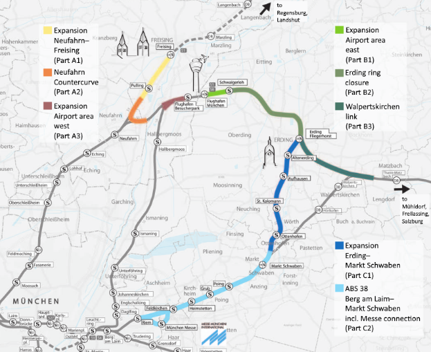 Eine detaillierte Karte einer Stadt, die eine Zugroute von München nach Frankfurt hervorhebt, zeigt Haltepunkte, umliegende Gebiete und Text mit Informationen über die Länge, Entfernung und Sehenswürdigkeiten des Zugs.
