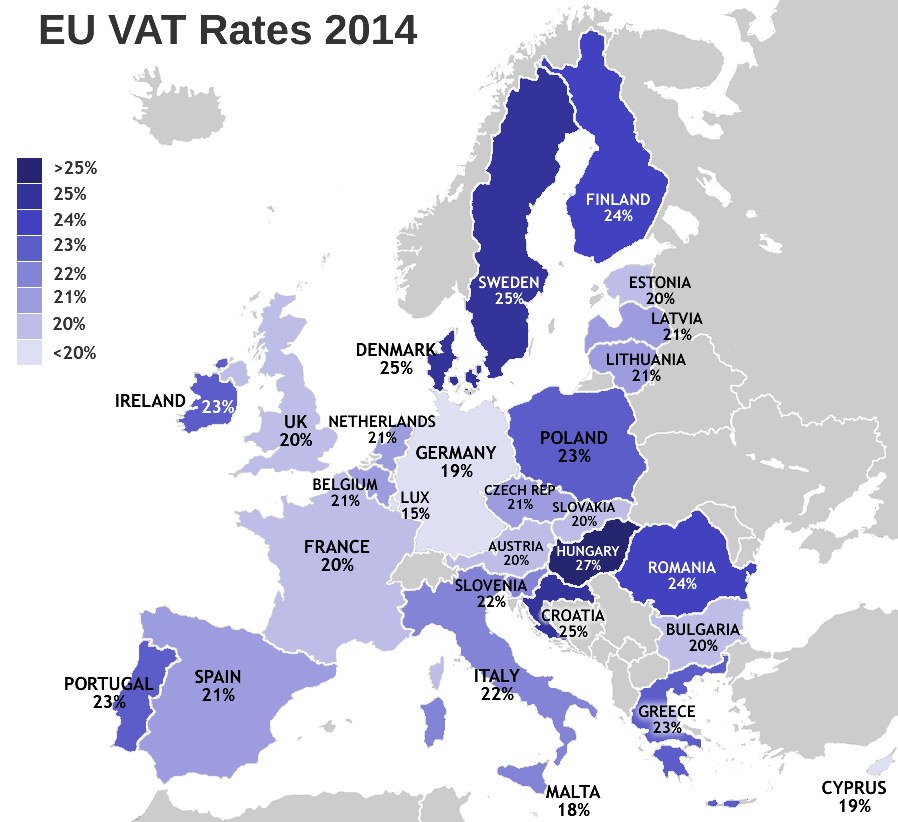 Eine Europakarte, die die EU-VAT-Sätze für 2014 mit Prozentangaben und Textanzeigen zeigt.
