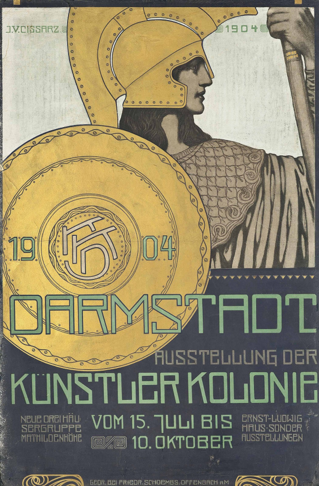 Plakat für ein 1904er Berliner Konzert mit einem Helmträger, der ein Schild hält, mit fetter Schrift «Darmstadt» und «Kuenstler Kolonie».