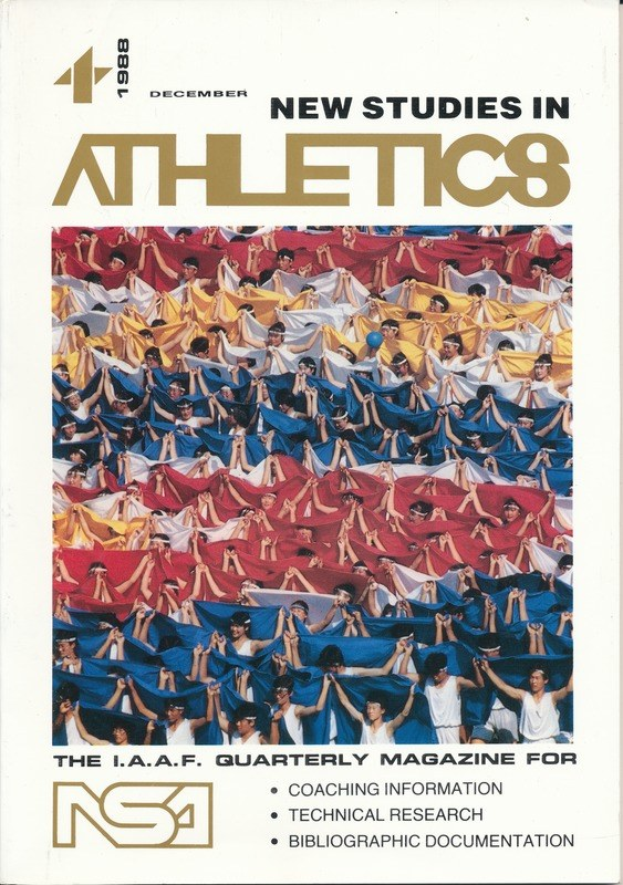 Buchumschlag betitelt "Neue Studien im Leichtathletik 1988" mit einer Gruppe von Athleten im Training, mit einem hellblauen Himmel und Bäumen im Hintergrund.