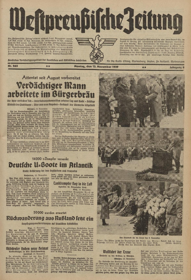 Schwarze-weiße Titelseite einer deutschen Zeitung vom 13. November 1939 mit der Überschrift "Weitpreubliche Zeitung" und einem Foto von Menschen in traditioneller deutscher Tracht in einer feierlichen Umgebung.