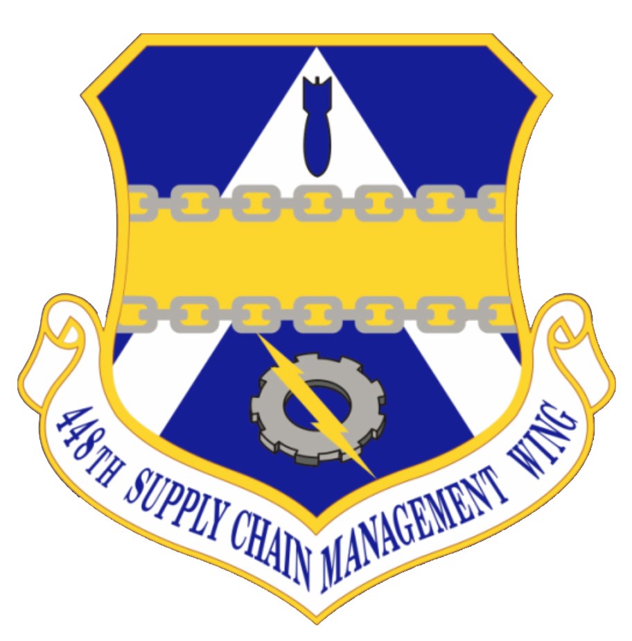 Logo der 48. Versorgungsmanagementstaffel mit einem blauen Schild mit einem weißen Stern, einem weißen Banner mit der Aufschrift "Versorgungsmanagement" in Blau und dem Text "48. Versorgungsmanagementstaffel" in fetter schwarzer Schrift.