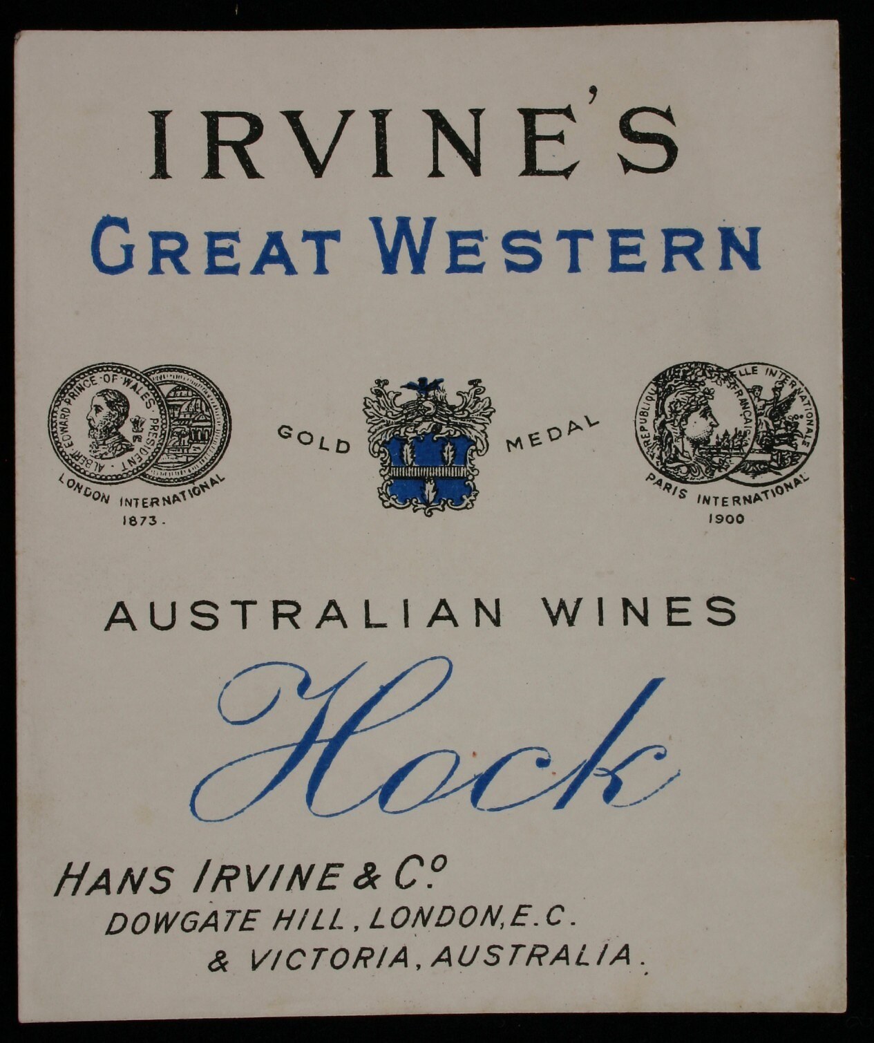 Plakatwerbung für Irvine's Great Western Australian Wines, das die Texte und Logos des Unternehmens enthält.