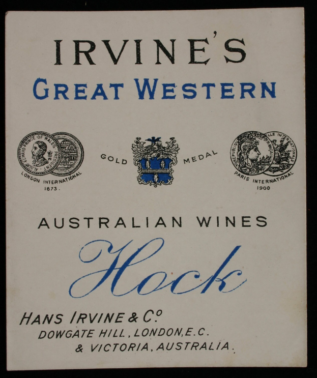 Plakatwerbung für Irvine's Great Western Australian Wines, das die Texte und Logos des Unternehmens enthält.