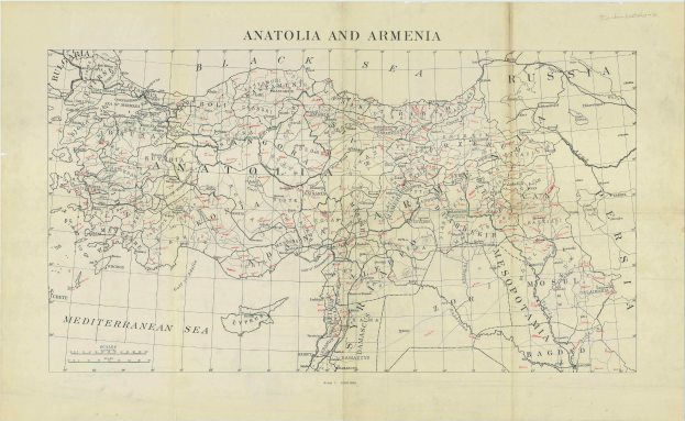 Eine detaillierte Karte von Anatolien und Armenien auf Papier, mit Text und geographischen Merkmalen wie Flüssen, Bergen und Städten annotiert.