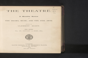 Ein aufgeschlagenes Buch mit dem Titel "The Theatre: A Monthly Review of the Drama, Music, and the Fine Arts" und lesbarem Text und Logo auf der Seite.