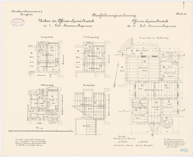 Ein detaillierter architektonischer Grundriss des ehemaligen Bundeskanzleramts in der Bundesrepublik Deutschland, der den Gebäudelayout mit Text und Zeichnungen zeigt.