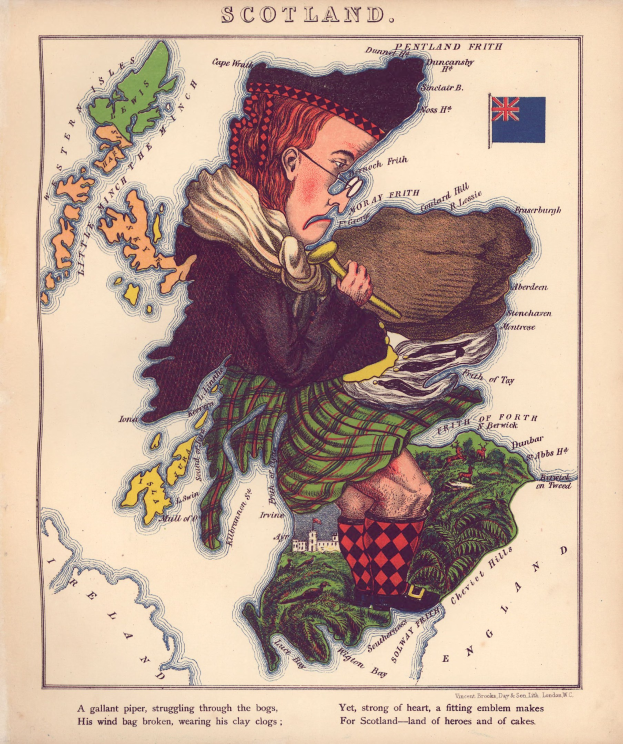 Alte Karte von Schottland mit einem Mann in traditioneller Highland-Kleidung, der Dudelsack spielt, die Karte enthält Text und eine Flagge.
