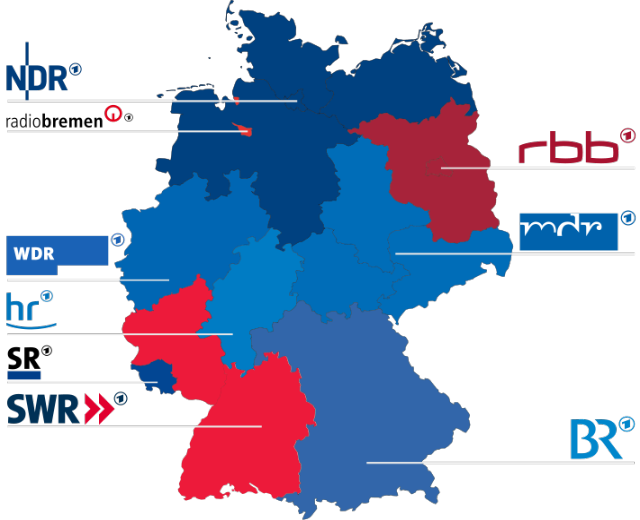 Eine Karte von Deutschland mit Bundesländern in rot und blau, die die Ergebnisse der Wahl von 2016 zeigen, einschließlich der Namen der Kandidaten und des Wahldatums.