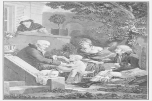 Eine Schwarz-Weiß-Gravur einer Familie, die auf den Stufen eines Hauses sitzt, mit einem Mann in der Mitte, der ein Baby hält, zwei Frauen und einem Kind auf beiden Seiten, einer Treppe, die zum Haus führt, und Bäumen und einer Wand im Hintergrund.