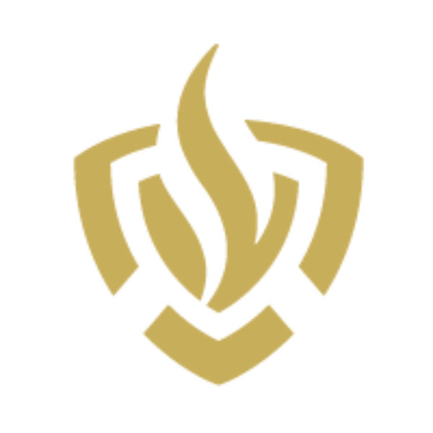 Ein goldenes Logo mit einem weißen Hintergrund, das ein stilisiertes Feuer in der Mitte zeigt.