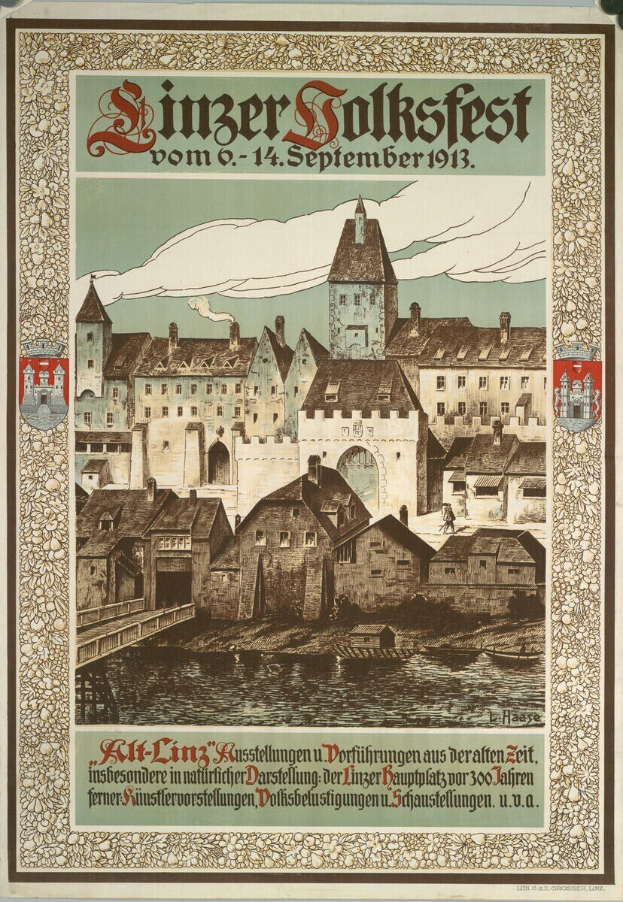 Alter Plakatentwurf für ein Festival in Deutschland, mit einer Illustration eines Schlosses umgeben von Häusern und Text mit Festivaldetails.