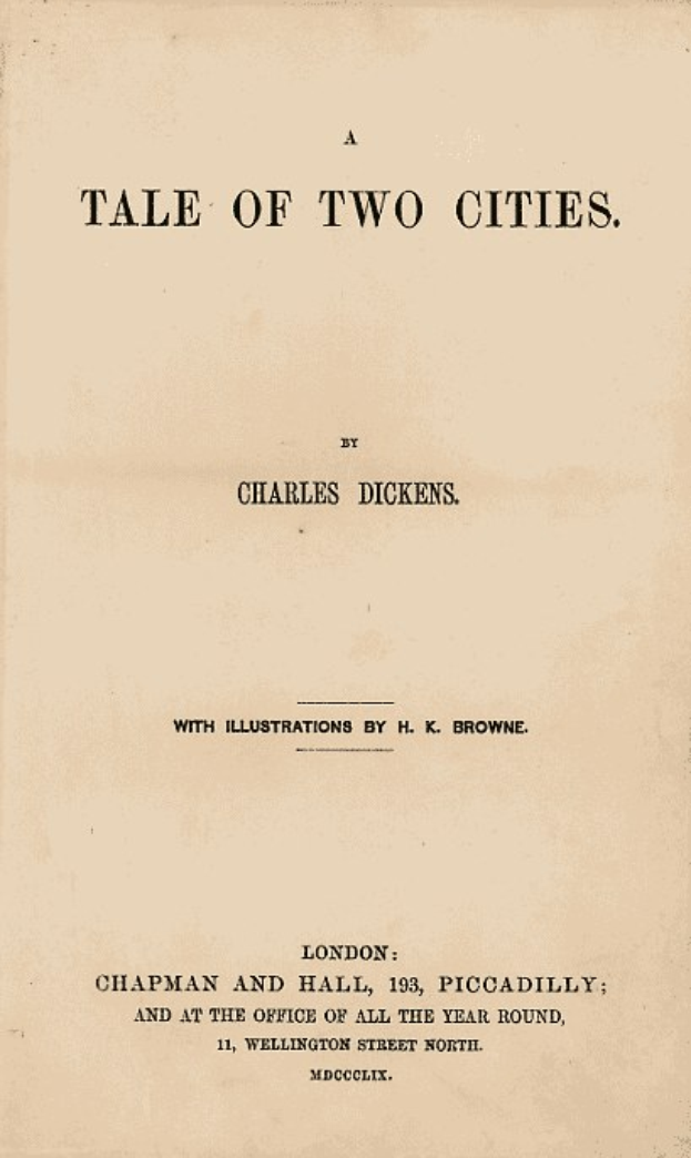 Ein Weißbuch mit dem Titel "Eine Geschichte von zwei Städten" in fetter schwarzer Schrift, eingerahmt von einem schmalen schwarzen Rand.