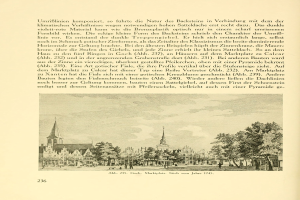 Ein aufgeschlagenes Buch mit einer Stadtansicht-Illustration, die Gebäude, Bäume und Menschen zeigt, begleitet von beschreibendem Text.