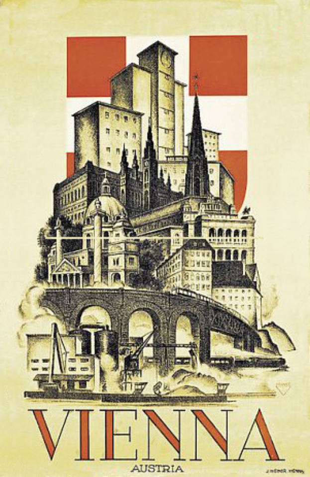 Ein Plakat von Wien, Österreich, das ein paar Gebäude, eine Brücke und Text zeigt, der die Stadt und ihre Attraktionen beschreibt.