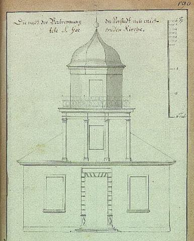 Ein Buch mit einer Zeichnung der Kirche des Heiligen Grabes in Berlin, Deutschland, und begleitendem Text.