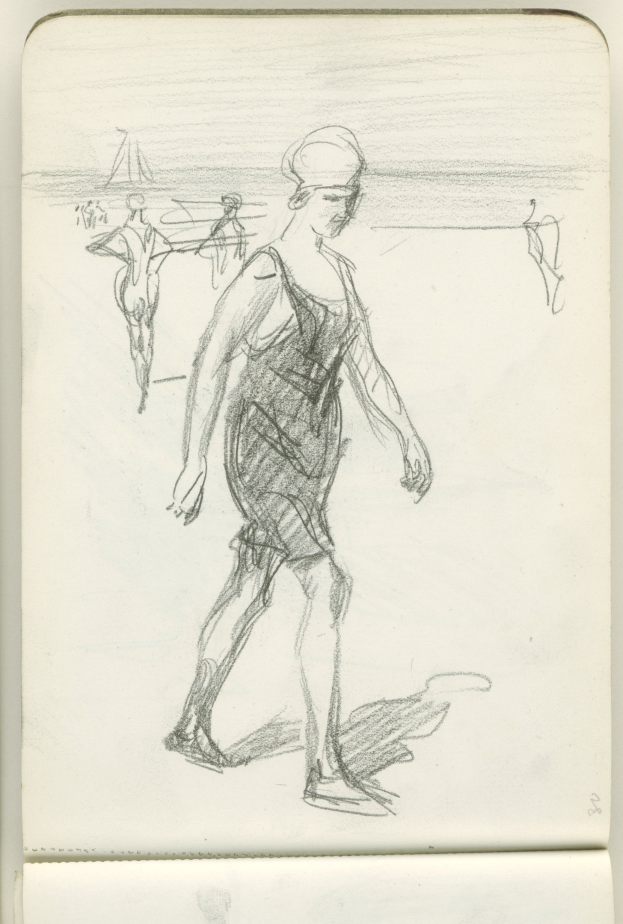 Eine Skizze einer Frau in einem langärmeligen Kleid mit einem hohen Kragen und einem Knoten, die am Strand bei Sonnenuntergang geht.