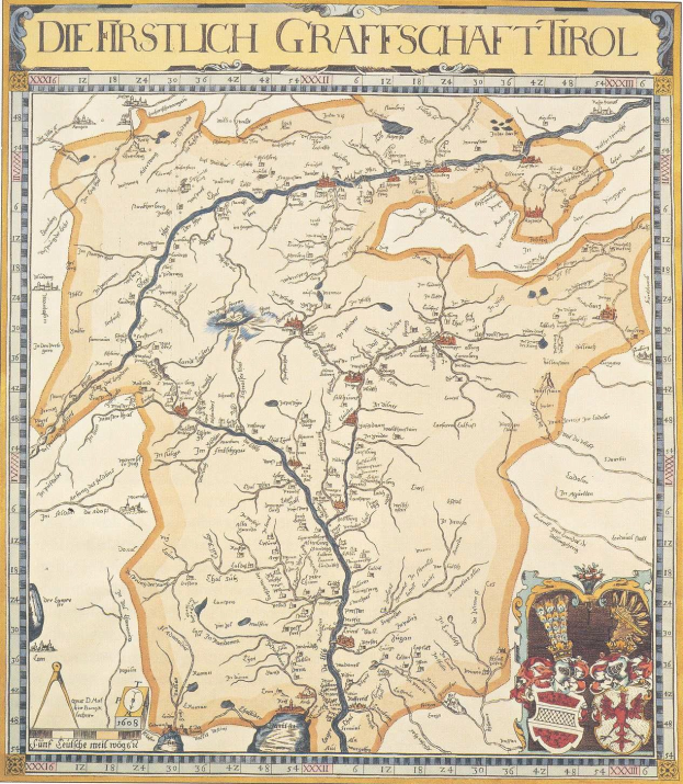 Ein detailliertes historisches Plakat der ersten Grafschaft Tirol-Karte, das geografische Merkmale wie Flüsse, Berge und Städte zeigt und von erklärendem Text begleitet wird.