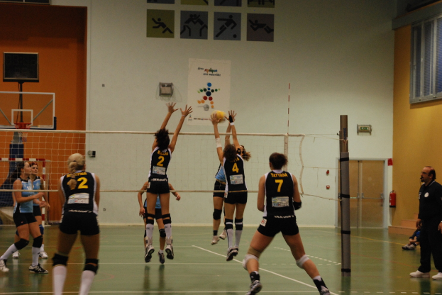 Ein Volleyballfeld mit spielenden Spielerinnen und Spielern, mit einem Basketballkorb, Fenstern und einer Tür im Hintergrund.
