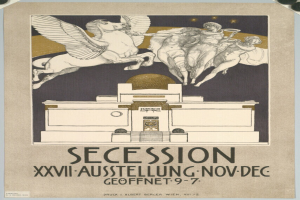 Ein Plakat, das eine Abspaltung in Wien, Österreich, ankündigt und ein Pferd sowie mehrere Personen mit Text zeigt.