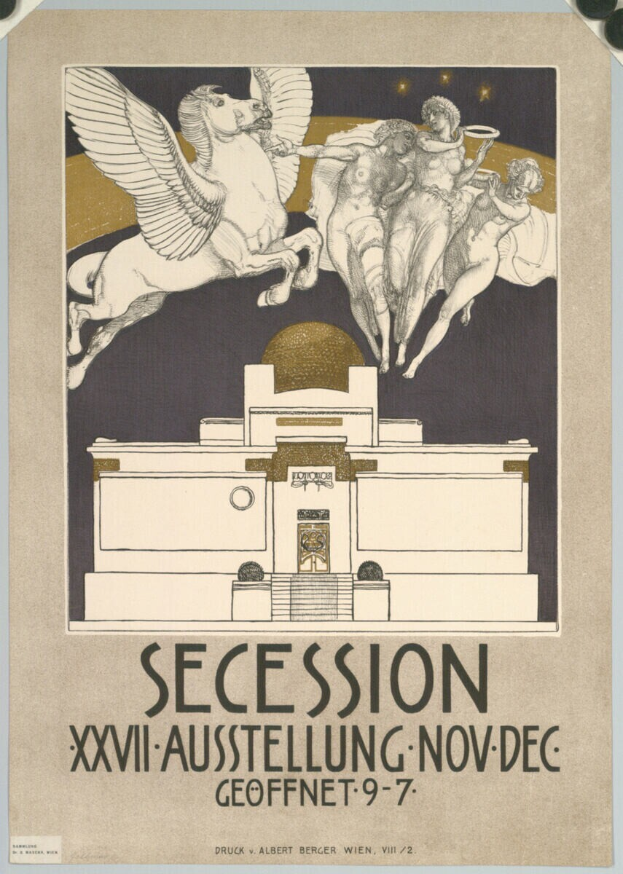 Ein Plakat, das eine Abspaltung in Wien, Österreich, ankündigt und ein Pferd sowie mehrere Personen mit Text zeigt.