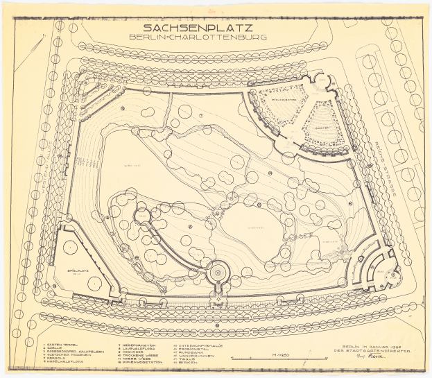 Ein detaillierter alter Stadtplan von Sachsenplatz in Berlin, Deutschland, der den Parkaufbau und Text mit zusätzlichen Informationen zum Gebiet zeigt.