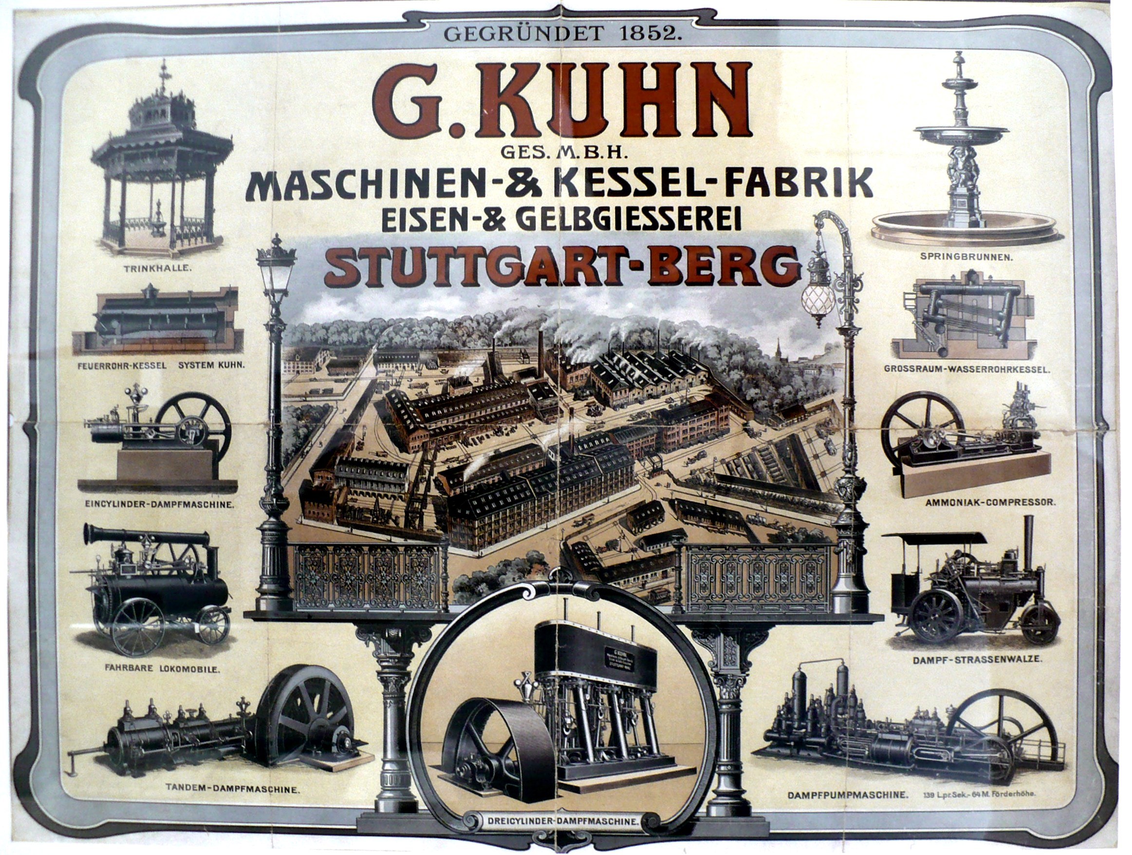 Werbung für G. Kuhn's Stuttgart-Berg Maschinenbau mit Bildern von Maschinen und Begleittext